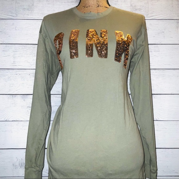 PINK Sequin Campus Long Sleeve Tee - Picture 1 of 2